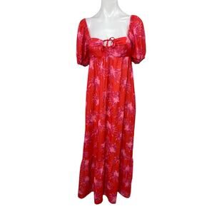 NEW 4SI3NNAI Floral Smocked Short Puff Sleeve Square Neck Maxi A-Line Dress S